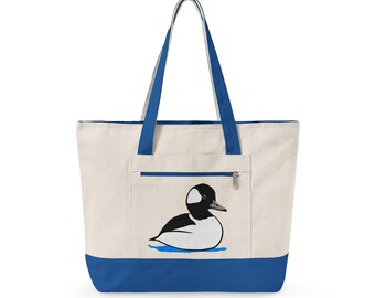 Bufflehead Duck Zippered Canvas Tote | Waterfowl Illustration, Canvas Bag