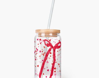 Iced Coffee Red Bow Ribbons And Hearts Confetti Beer Can shaped Glasses with Lid and Straw