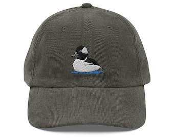 Bufflehead Duck Cap, Vintage Embroidered Bird Corduroy Hat, Unique Gift for Bird Lovers & Nature Enthusiasts