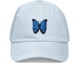 Blue Butterfly Embroidered Baseball Hat - Pastel Women and Men Cap - Adjustable Cap