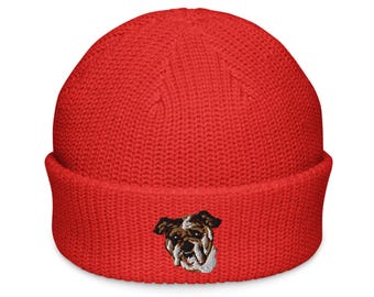 Bulldog Embroidered Fisherman Beanie | Cozy Beanie Hat for Dog Lovers | Unisex Warm Headwear & Gift Idea