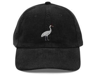 Whooping Crane Embroidered Bird Vintage Corduroy Cap | Bird Lover Gift, Adjustable Fashion Hat, Unique Wildlife Accessory