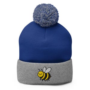 Cute Bee Embroidered Beanie with Pom Pom – Cozy Winter Knit Hat for Nature Lovers, Bumblebee Gift Hat for Women & Teens