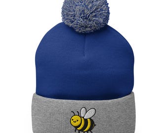 Cute Bee Embroidered Beanie with Pom Pom – Cozy Winter Knit Hat for Nature Lovers, Bumblebee Gift Hat for Women & Teens