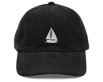 Vintage Sailboat Embroidered Corduroy Cap, Nautical Sailing Apparel Ocean Love Gift for Him & Her
