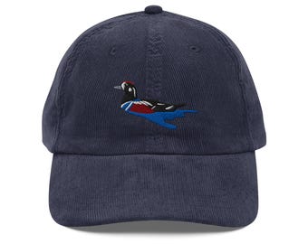 Harlequin Duck Cap % Vintage Corduroy Sea Bird Embroidery | Unique Hat for Nature Lovers & Birdwatchers
