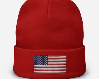 USA Flag Embroidered Beanie, Patriotic Winter Hat, American Flag Knit Cap, Perfect Gift for Him & Her, Cozy Warm USA Pride