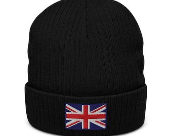 Union Jack Beanie: Embroidered English Flag Ribbed Knit Hat