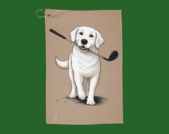 White Labrador Dog with Golf Club Golf Towel