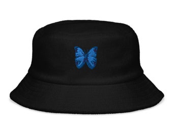 Blue Butterfly Embroidered Bucket Hat | Unstructured Terry Cloth Summer Accessory for Women & Men