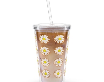White Daisies Clear Plastic Tumbler - Reusable Drink Cup with Lid & Straw, Floral Summer Drinkware, Eco-Friendly Gift