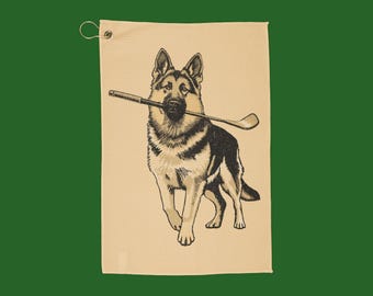 German Shepherd with Golf Club Golf Towel | Dog Golfer Design