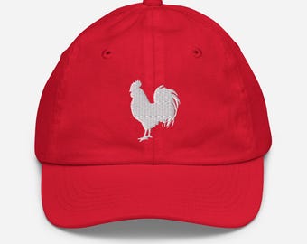 White Rooster Embroidered Youth Baseball Cap Ages 5+ | Kids Adjustable Hat | Summer Outdoor Sun Protection
