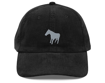 Vintage corduroy cap Gray Embroidered Horse Silhouette Art Unisex Adult Adjustable Hat