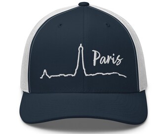 Minimalist Paris Hat City Skyline Trucker Cap - Embroidered Adjustable Hat, Urban Chic Travel Accessory, Lightweight & Breathable Mesh Back