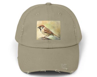 Vintage Style Eurasian Tree Sparrow Cap, Bird Lover Gift, Unisex Hat, Nature Enthusiast Cap, Distressed Baseball Cap, Wildlife Fan Gift