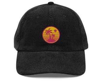 Retro Palms Sunset Vintage Embroidered Corduroy Hat for Men and Women | Beach Inspired Cap