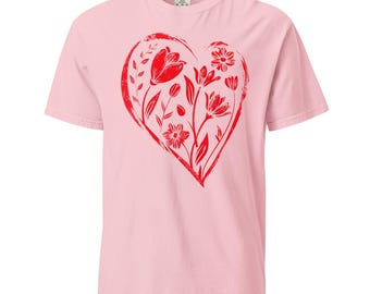 Joyous Red Heart with Wildflowers T-Shirt | Unisex Garment-Dyed Heavyweight Graphic