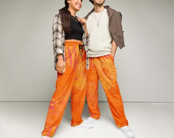 Abstract Tiger Orange Wide-Leg Joggers, Comfortable Pants for Daily Wear & Casual Outfits