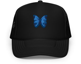 Blue Butterfly Embroidered Trucker Hat - Custom Foam Cap, Festival Hat, Stylish Summer Accessory, Adjustable Mesh Back