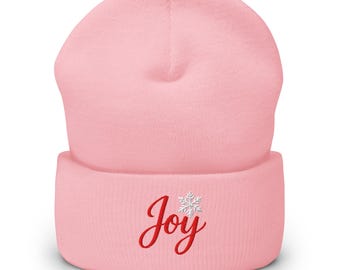 Embroidered Joy and Snowflake Cuffed Beanie