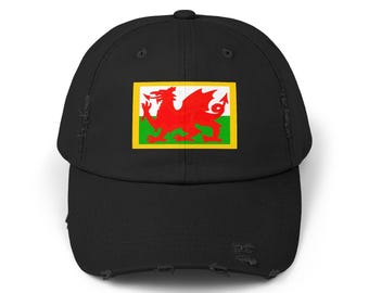 Welsh Dragon Flag Cap, Red Dragon Hat, Distressed Wales Gift Cap