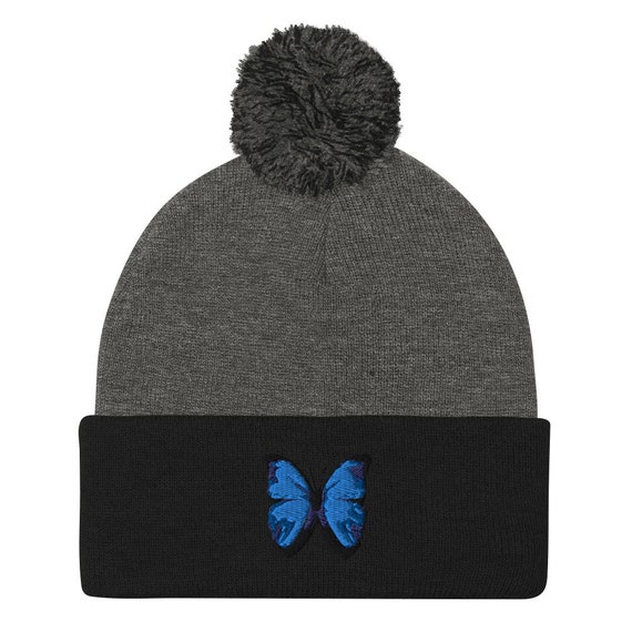Embroidered Blue Butterfly Pom Pom Beanie: Cozy Knit Winter  display picture 2