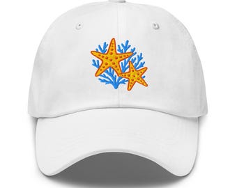 Starfish Hat Embroidered Coral Reef Beach Cap Ocean Sea Life Summer Sun Fun Gift