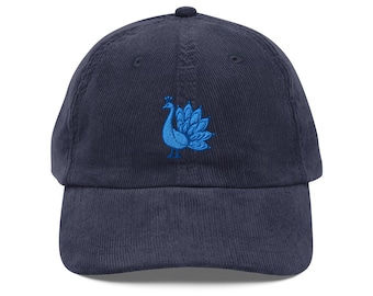Inspired Blue Peacock Embroidered Bird Vintage Corduroy Cap, Unique Fashion Accessory, Gift for Every Occasion