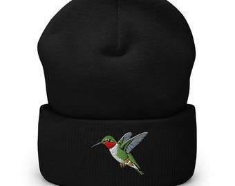 Ruby Throated Hummingbird Embroidered Cuffed Beanie