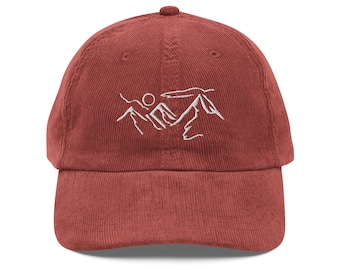 Mountain Vision Embroidered Vintage Corduroy Cap - Outdoor Hat, Ideal gift for Hikers and Nature Lovers