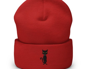Spooky Vampire Cat Beanie - Halloween Cuffed Hat, Gothic Feline Winter Cozy Knit, Unique Scary Cat Gift for Cat Lovers