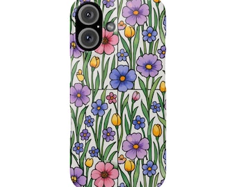 Slim Floral Stained Glass Style Phone Cases for iPhone 7-16 Colorful Wildflower Art Print - Protective Botanical Cover
