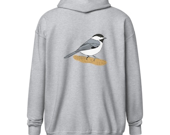 Back Print Front Embroidered Chickadee Full Zip 8.0 oz Hoodie  – Nature Lover Hooded Sweatshirt