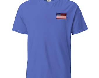 Embroidered USA Flag T-Shirt Unisex Heavyweight Garment-Dyed Cotton Tee Patriotic Top