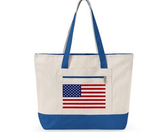 USA Flag Zippered Durable Cotton Canvas Tote Bag