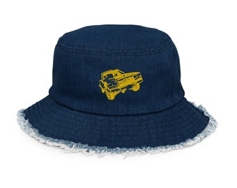 Yellow Lowrider Bucket Hat | Embroidered Distressed Denim | Trendy Streetwear Accessory for Men & Women