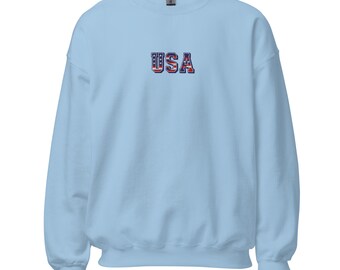USA Embroidered Sweatshirt Unisex Patriotic Pullover Lightweight Crewneck Top for Men & Women