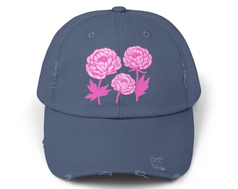 Pink Peony Floral Art Distressed Cap, Flower Print Unisex Hat, Boho Chic Floral Cap, Vintage Style Dad Hat, Gift for Flower Lovers