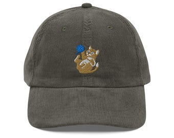 Embroidered Vintage Corduroy Cap with Playful Kitten & Yarn Detail – Cute Cat Hat, Unique Handmade Accessory, Soft Comfortable Fit