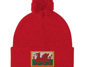 Welsh Dragon CYMRU Embroidered Beanie with Pom Pom Cozy and Stylish Winter Hat