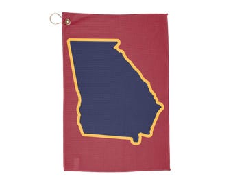 Georgia State Outline Golf Towel, Navy & Gold Design, Red Waffle Microfiber Towel with Clip