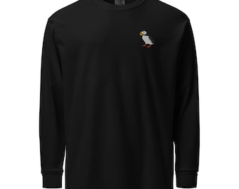 Embroidered Puffin Long Sleeve Shirt: Unisex Heavyweight Cotton Tee