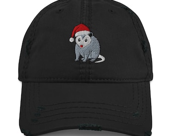 Christmas Santa Possum Embroidered Distressed Dad Hat Opossum Holiday Cap