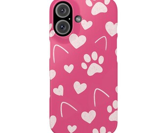 Paw Prints & Hearts Pattern - Cute Pink Cat Lover Design Slim Phone Cases for iPhone 7-16