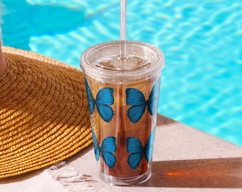 Blue Butterflies Clear Plastic Tumbler - Reusable Ice Coffee and Water Cup with Lid & Straw, Travel Drinkware Gift for Nature Lovers