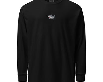 Great White Shark Embroidered Long Sleeve Shirt, Heavyweight Garment-Dyed Tee, Ocean Lover Gift, Casual Streetwear Unisex Top