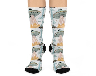 UFO Crew Socks, Alien Spaceship Footwear, Fun Sci-Fi Stockings, Extraterrestrial Novelty Apparel, Space Lover Gift