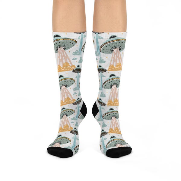 UFO Crew Socks: Fun Alien Spaceship Print, Sci-Fi Novelty