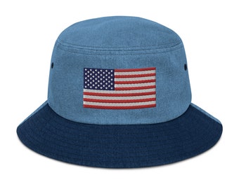 USA Flag Embroidered Denim Bucket Hat - Patriotic Summer Headwear